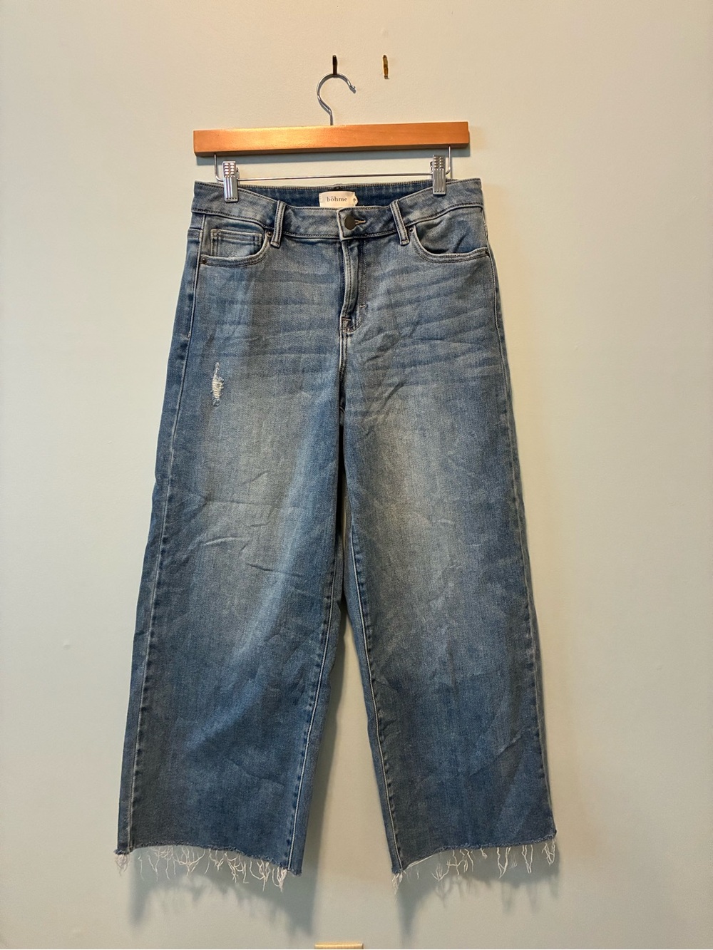 bohme Distressed Wide-Leg Crop Jeans in Light Blue Wash